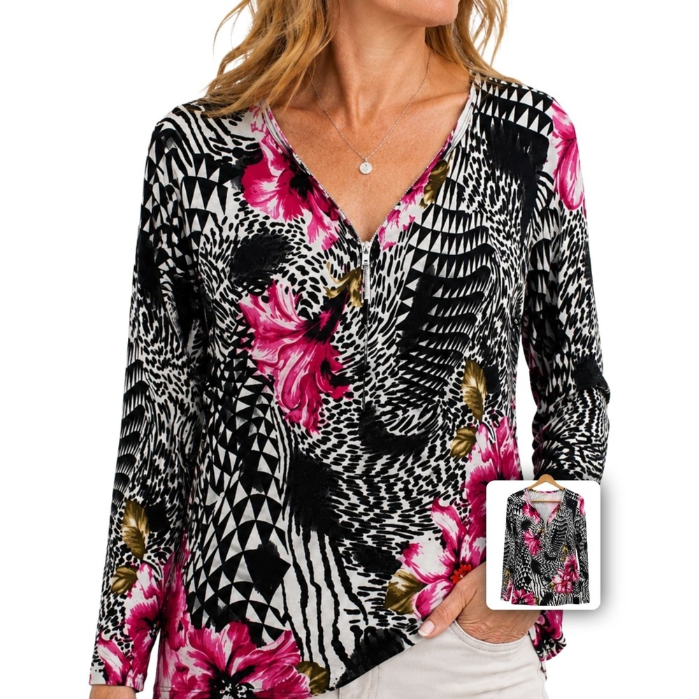 Mosca Black White Floral Zebra Print Tunic Blouse Zip Neck Long Sleeve L